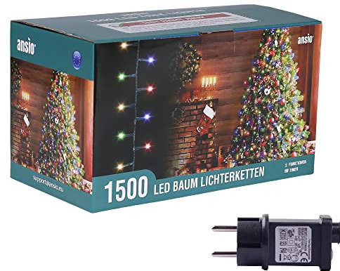 ANSIO® Lichterkette außen Innen 37.5m 1500 LED Büschellichterkette Cluster Weihnachtsbaum Lichtketten Strom Für Weihnachten, Balkon, Weihnachtsdekoration | Bunt Weihnachtsbeleuchtung |Grünes Kabel