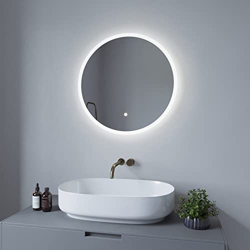 AQUABATOS® 60cm LED Runde Badspiegel mit Beleuchtung Wandspiegel Badezimmerspiegel lichtspiegel Dimmbar Touch Schalter Farbtemperatur Kaltweiß 6400K Spiegelheizung antibeschlag IP44 CE