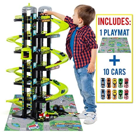 MOLTO | Parking Infantil de 7 Plantas Verde + 10 Coches + Tapiz de Juego con Accesorios, Parking Coches Juguete, Pista de Coches de Juguete, Juguetes Niños + 3 Años, Garaje Coches