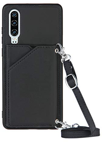PekaTech Coque avec Cordon pour Samsung Galaxy S20 FE / S20 Fan Edition - Coque en Cuir PU et Silicone avec Fente pour Carte - Tour de Cou - Fine Coque Anti-Chocs et Collier, Noir, Huawei P30