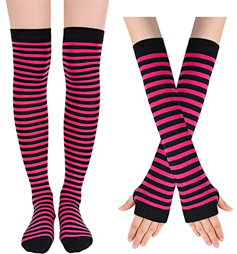 sockfun Oberschenkelhohe Gothic-Socken, Regenbogenfarben, lang, gestreift, Gothic, Armstulpen, Beinstulpen für Damen, Hot Pink gestreift, Einheitsgröße