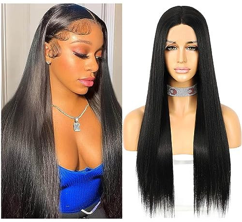 Sapphirewigs Schwarz Lange gerade Perücke für Frauen Spitze vorne Perücken mit mittelTeil japanische synthetische Haare 150% Dichte Täglich Halloween Weihnachten hitzebeständig 26 inch