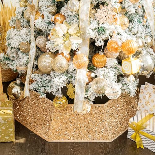 XmasExp Albero di Natale Collare 85cm Paillettes Albero Gonna per Natale Vacanze Home Decor Albero di Natale Anello Stand Base Cover Grande Dimensioni 6pcs Champagne