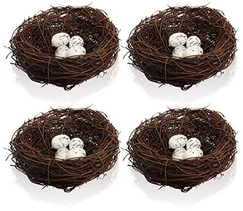 Yisscen Künstliches Vogelnest mit Vogeleier, Ostereier Basteln Deko Enthalten 4 Stück Rattan Osternest + 16 Stück Deko Vogeleier, für Ostern, Geburtstagsparty, Wohnzimmer, Tischdeko, Gartendeko