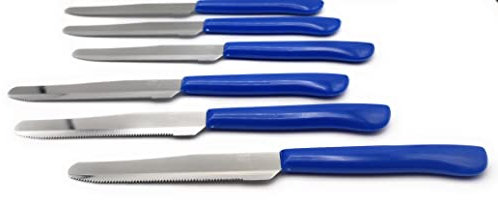 KIMERA 6 Pezzi Coltelli Lama INOX AISI420 Seghettata da 11cm. ideali per Tavola, Bistecca, Pizza ecc. manico polipropilene atossico antibatterico. Made In Italy (manico blu mirtillo)