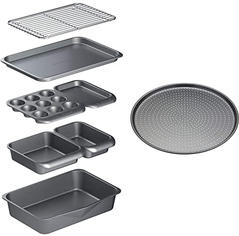 MasterClass Smart Space Stacking Non-Stick Bakeware Set, 7 Piece Baking Trays, Gift Boxed & KCMCCB14 Crusty Bake Perforated Pizza Tray with PFOA Non Stick, Robust 1 mm Carbon Steel, 32 cm, Grey