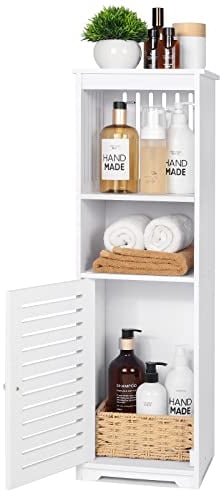 UTOKON Gabinete de almacenamiento blanco multifuncional para baño con 1 puerta y estante de 3 niveles, armario de almacenamiento de baño independiente, 7.87 pulgadas de profundidad x 9.84 pulgadas de