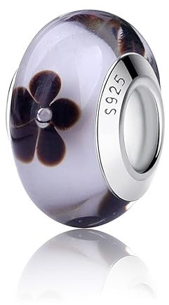Nbsameng Charm en Cristal de Murano, Colgante para Pulsera y Cadena para Mujer, Flor Charms de Plata 925%,en blanco y negro