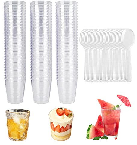 Vasitos Plastico para Postres, 50 Piezas Cuencos Plastico, 55ML Vasitos para Aperitivos,con 50 Cucharas, Reutilizable Vasitos Plastico Aplicable para Postres Mousse Pudin Hielo para Bufé Picnic