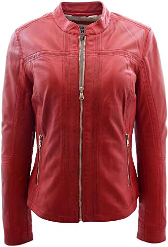 Womens Real Leather Classic Biker Style Jacket Tayla Red 20