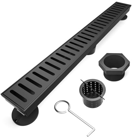 BARONAGE 28 Zoll Linearer Duschablauf Schwarz Rechteck Dusche Bodenablauf mit Zubehör Kapsel Muster Abdeckung Gitter Abnehmbare SUS304 Edelstahl CUPC zertifiziert