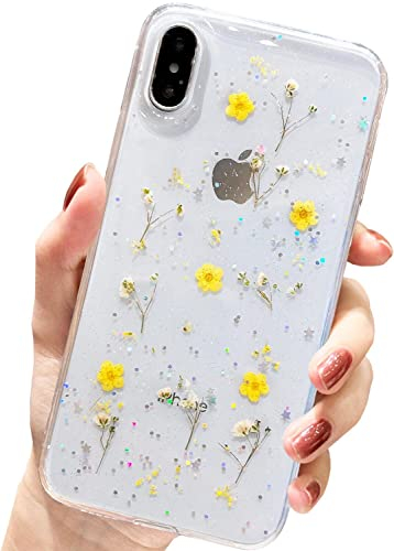 AMART für iPhone X/iPhone XS Hülle Blumen, Durchsichtig Echte Getrocknete Blumen HandyHülle Klare Glitzer Aesthetic Weich Silikon Mädchen Schutzhülle für iPhone X/XS(5,4NUR)(Gelb Schleierkraut)