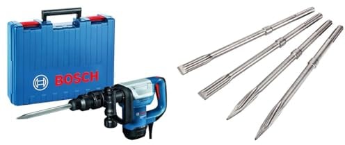 Bosch Professional Schlaghammer GSH 5 (SDS max., Schlagenergie 7,5 J, 1.100 Watt, inkl. Spitzmeißel & Werkzeugkoffer) + 4tlg. Meißel Set SDS max (Zubehör Abbruchhammer)