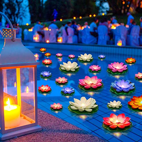 Liliful 24 Pcs Floating Lights Lotus Floating Lanterns Artificial Lily Pads with LED Lights Battery Operated for Pool Party Garden & Pond Summer Decoration (3.94,5.91 Inch,Colorful)