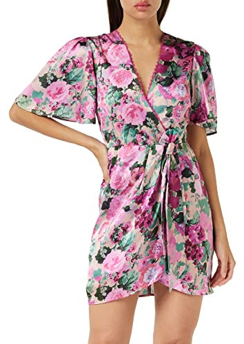 Hope & Ivy The Lana Flutter Sleeve Satin Wrap Mini Dress with Waist Bow Detail Pink