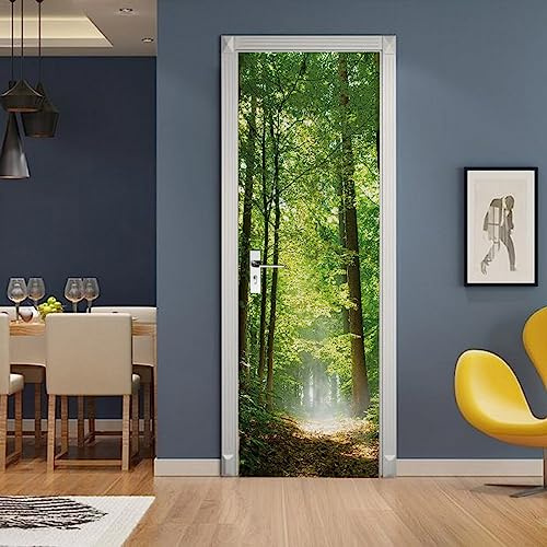 A.Monamour Sticker Porte Autocollant Poster De Porte 3D Paysage Nature Forêt Tôt Le Matin Vinyle Affiche De Porte Sticker Mural Papier Peint Art Décor 90x200cm