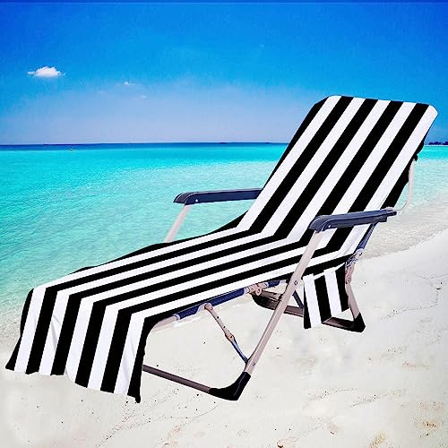 Chickwin Streifen Schonbezug für Gartenliege Frottee Liegenauflage mit Kapuze | Strandliegenauflage mit 2 Taschen Stuhl Strandtuch für Gartenliege Liegenauflage,Sonnenliegen (75x200cm,Schwarz)