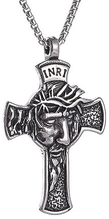 YAHOYA Edelstahl Christ Jesus Gesicht Kreuz Anhänger Halskette Männer Jungen Vintage Katholischer Exorzismus Amulett Schmuck Geschenk