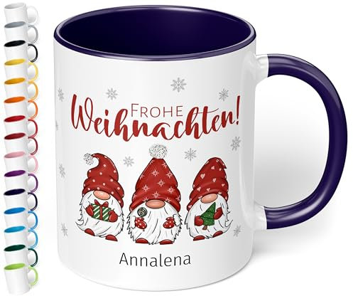 Weihnachtstasse mit Namen „Frohe Weihnachten!“ - mit 3 Wichtel-Motiv - 330ml - personalisierter Keramik Kaffeebecher mit Spruch – individuelles kleines Geschenk zu Weihnachten (Kobaltblau)