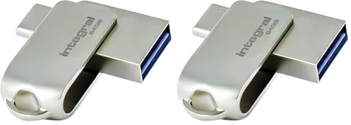 Integral 64GB 360-Dual USB 3.0 Type C & Type A Flash Drive with Solid Metal Casing, Fast Transfer Speeds and Simply Plug & Play (Pack of 2)