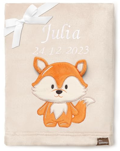 Be Mammy Personalisierte Babydecke mit 3D Applikation Warme Kuscheldecke mit Namen und Geburtsdatum; Perfektes Baby Geschenk; Blanket; Krabbeldecke BE20-280 (Beige - Fuchs)
