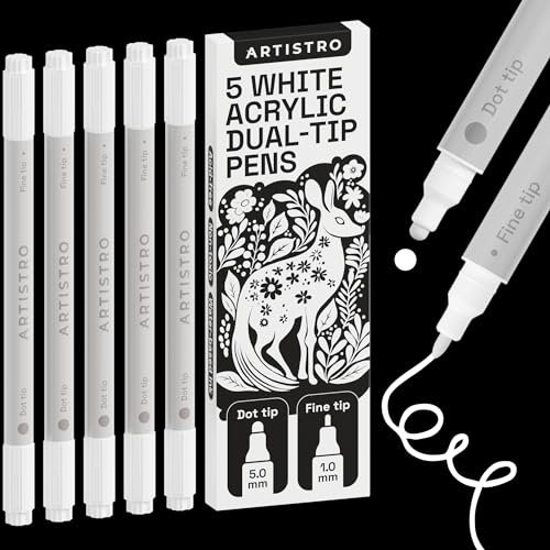 ARTISTRO 5 weiße Acrylstifte, Kunstset, Acrylfarbenmarker mit Doppelspitze (fein 1 mm + Punkt 5 mm), Zeichenset, Marker für Textilien, Leinwand, Stein, Glas, Holz, Papier, Heimwerkerbedarf, Farbmarker