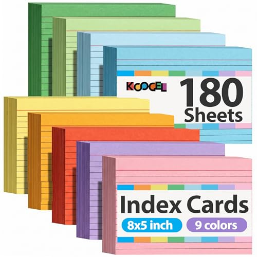 Koogel 180PCS Large Colored Index Cards 5x8, Neon Double-Sided Lined Cards