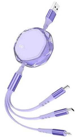 Tranzmtz Diamond Multi Charger Cable 66W, Universal 3 in 1 Retractable USB Fast Charging Cable with Type C, iP, Micro USB, Connectors (Purple)