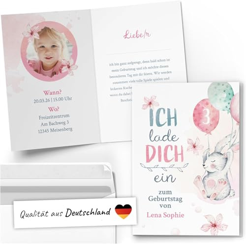 10 Einladungskarten Kindergeburtstag personalisiert mit Text und Foto | Aquarell Hase Ballons Pastell | Kinder Geburtstag Einladung individuell anpassbar mit Umschlägen