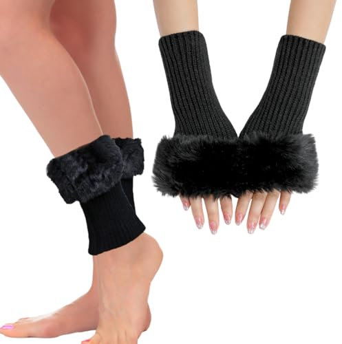 Fabchik 2 Paar Stulpen Winter Warme Beinwärmer, Armstulpen Pulswärmer Strick Halb Fingerlose Handschuhe für Damen Mädchen (Schwarz)