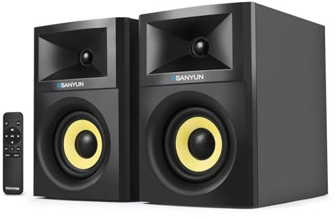 Sanyun SW205 4 80W Altoparlante attivo Libreria - 2.0 Monitor Near field attivi con struttura migliorata degli altoparlanti - Telecomando senza fili - Alloggiamento in legno - Nero