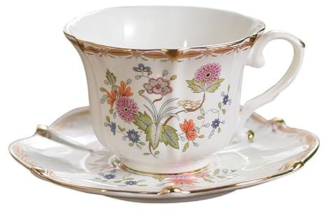 FUENYEJIA 200ML English Porcelain　Ceramic Coffee Cup, European-Style Patterned Tea Cup and Saucer Set, Retro Luxury Gold-Trimmed Afternoon Tea Cup (Sunflower)