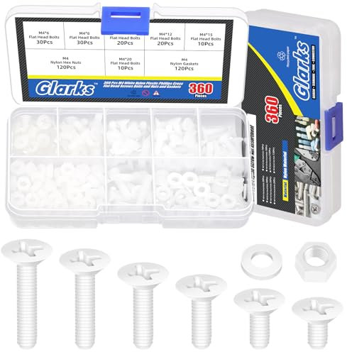 Glarks 360 piezas M4 x 6/8 / 10/12 / 15 / 20 mm tornillos para nylon Phillips cabeza perno máquina, tornillos para blanco Phillips cabeza plana