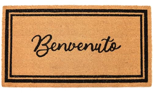 Casa Service BASSANO Zerbino Cocco Naturale Cornice 50x90 cm Rettangolare Fondo Gomma PVC per ingresso Resistente Lavabile Antiscivolo (Benvenuto Black)