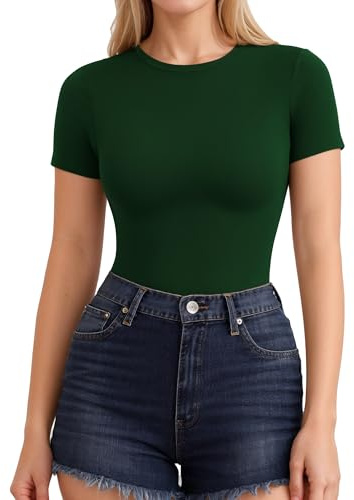 ALGALAROUND Women Short Sleeve Crew Neck Fitted Summer UK Tops Dark Green M