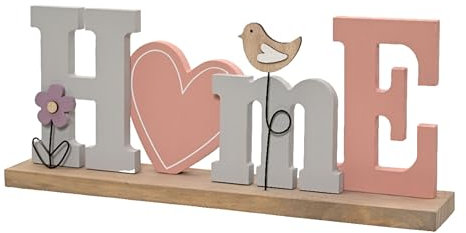 Deko Aufsteller Schriftzug Home 12x30cm Holz Metall - mit Vogel Blume und Herz - Holzdeko zum Stellen - Wohndeko Holzaufsteller für Wohnzimmer Fensterbrett Flur - Frühlingsdeko Tischdeko - Rosa Grau