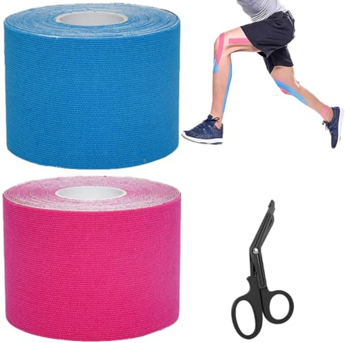 VIVIIHOO 2 Rollen Kinesiologie Tape 5cm x 5m - Wasserfestes & Elastisches Hautfreundlich Physio Tape und Kinesio Tape für Schmerzen in Knien, Ellenbogen und Schultern - Blau & Pink kostenloser Schere