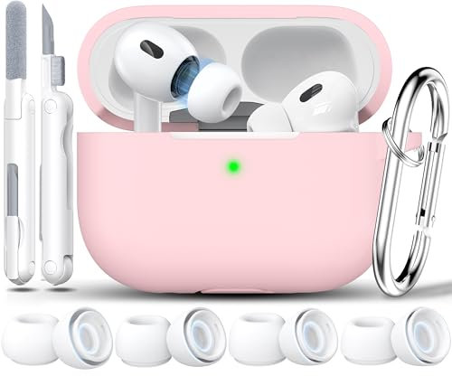 RFUNGUANGO Kompatibel mit AirPods Pro 2. Generation Hülle (2023/2022/2019), weicher Silikonschutz für AirPod Pro Hülle (USB-C/Lightning-Kabel) mit Reinigungsset und Ohrstöpseln, Pink