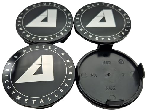 4X Alutec Nabendeckel 61mm Schwarz Glanz (N62) Logo Silber (ALM) - Original Felgendeckel/Nabenkappe/Hubcap