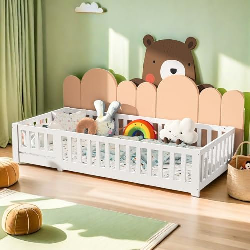 Kinderbodenbett 90x200 cm, Montessori Bodenbett aus Massivholz Kiefer mit Fallschutz und Lattenrost, Gitterbett für Jungen und Mädchen, Weiß