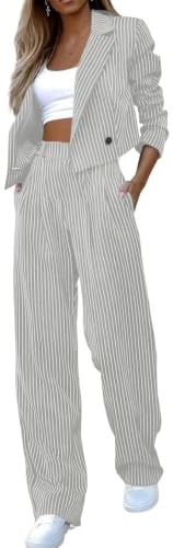 ticticlily Tailleurs-Pantalons Femme Ensemble 2 Pièces Blazer Veste Blouse Courte avec Col à Revers et Pantalon Jambes Droites Ensembles Formel Bureau Travail Vêtements A Gris XL