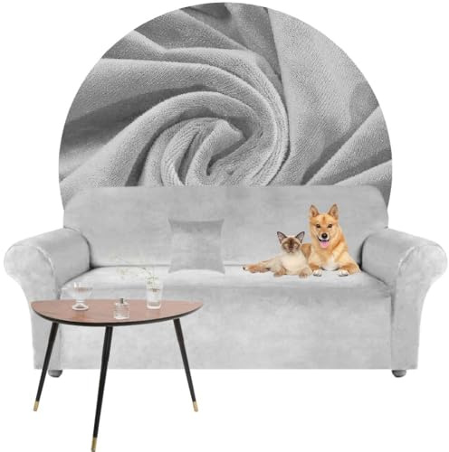 Domidekor - Sofa Überzug Hellgrau - Couch und Sofabezug 3 Sitzer - Sofaüberwurf für Wohnzimmer - Sesselbezug Stretch - Elastische Samt Couchbezug - Breite 190-230cm - Oeko-Tex 100