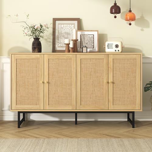 Merax Rattan Sideboard Kommode mit 4 Rattantüren, Sideboard Holz Küchenschrank Buffet mit Verstellbare Einlegeböden, Matte goldene Griffe, Massivholzfüße, Eiche/140x39.5x80cm