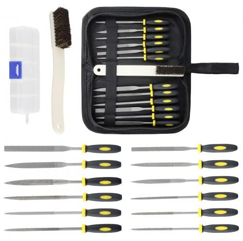 Juego de limas de madera de 15 piezas con bolsa de almacenamiento, incluye 12 limas, caja de piezas desmontable y cepillo de limpieza negro