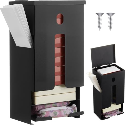 Otoolling 1 Pack Sanitary Napkin & Tampon Dispenser - Wall Mounted All-in-one with Waste Bag Compartment Provides Clean Odor-free for Bathroom Home Office Public Restrooms, Metal, Free Vending (Black)