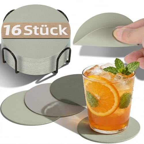 HELI MIAO 16 Stück Untersetzer Gläser,Doppelseitige Glasuntersetzer aus Kunstleder -Rund,rutschfest & hitzebeständig -Inkl.Aufbewahrungsständer(10cm,Salbeigrün) -Für Tisch,Bar,Outdoor