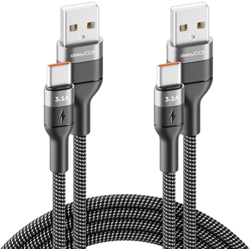 deleyCON Lot de 2 Câbles USB-C 2m 3.1 a Câbles de Charge et Données USB-A vers C pour iPhone 17 16 15 Pro Max Air Galaxy A16 A56 S25 S24 S23 Pixel iPad Pro MacBook AirPods Tablette Switch PS5