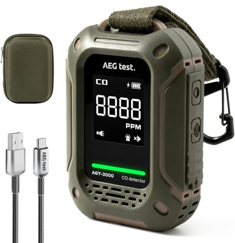 AEGTEST AGT-3000 Tragbarer Kohlenmonoxidmelder, 240 Std Standby, verbesserter CO-Sensor für Reisen, wiederaufladbarer CO-Detektor mit Audio- & visuellem Alarm, CO-Messgerät für Camping, 0–1000 ppm