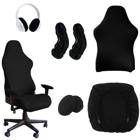 RFYTDCF 6 Stück Gaming Stuhl Bezug, Dehnbare Abnehmbar Stuhlhussen Schwarze Waschbar Gaming Chair Cover mit Armlehnen und Kopfhörerbezug für Computerstuhl Gamning Stuhl Drehstuhl