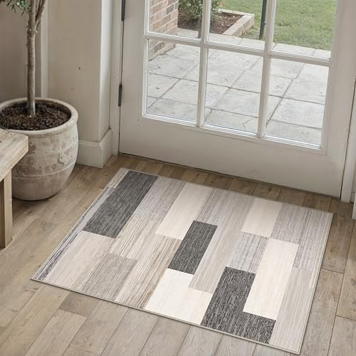PureCozy Zerbino Ingresso Interno Tappeto 60x90cm Beige Tappeti Lavabile in Lavatrice Antiscivolo Moderno Piccolo Carpet Cameretta Camera da Letto Ufficio Cucina Pelo Corto Geometrico